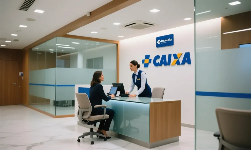 Interior de ag&ecirc;ncia da Caixa Econ&ocirc;mica Federal com cliente sendo atendido para resgate de pr&ecirc;mio de loteria