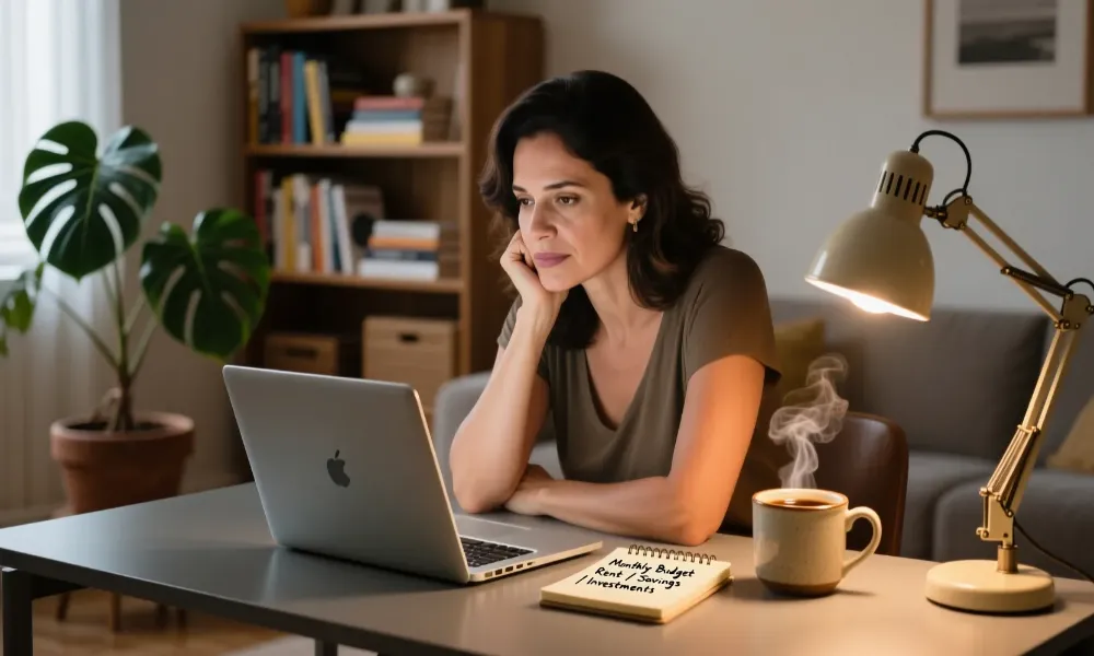 Pessoa pensativa com notebook e documentos financeiros avaliando or&ccedil;amento para apostas na loteria