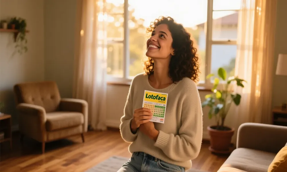 Pessoa sorridente segurando volante da Lotofácil olhando para o horizonte com expressão esperançosa