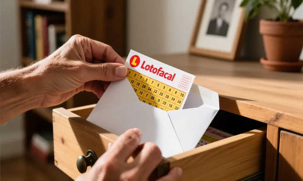 M&atilde;os guardando bilhete de loteria premiado em envelope dentro de gaveta segura