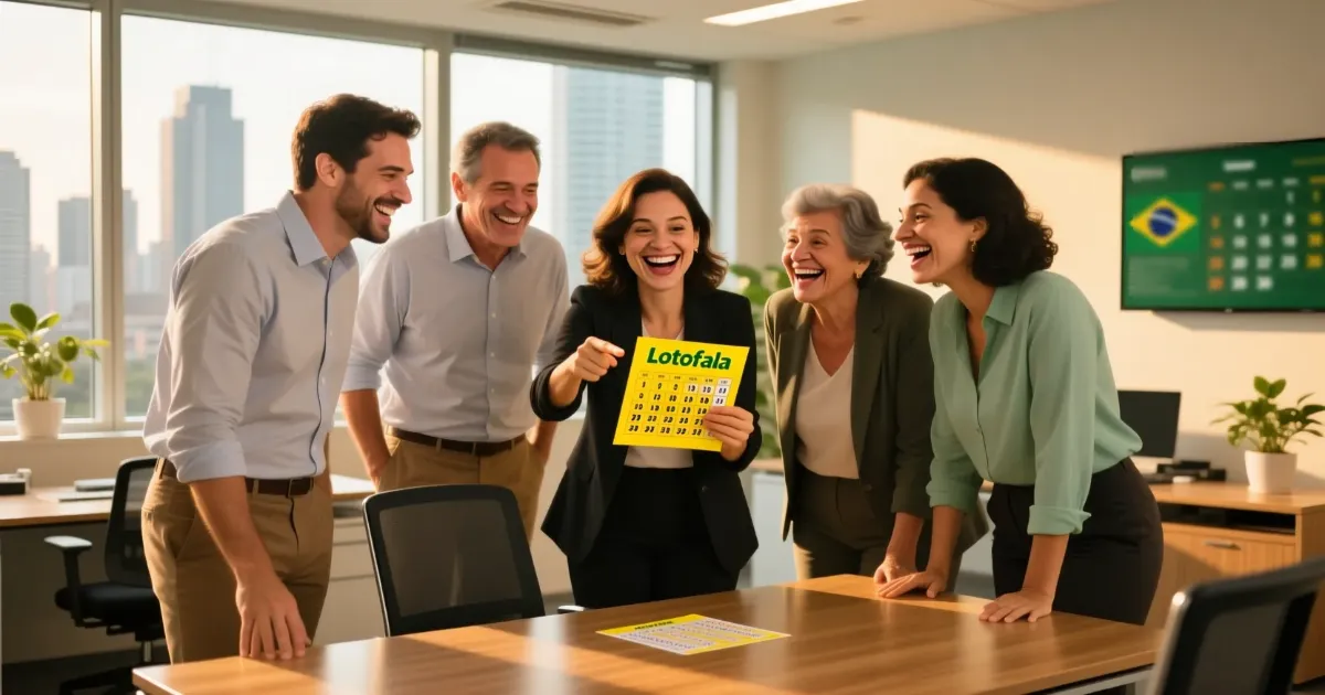 Grupo de colegas de trabalho sorridentes reunidos para participar de bolão da Lotofácil