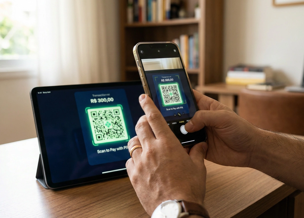 Pessoa escaneando QR Code do Pix com smartphone