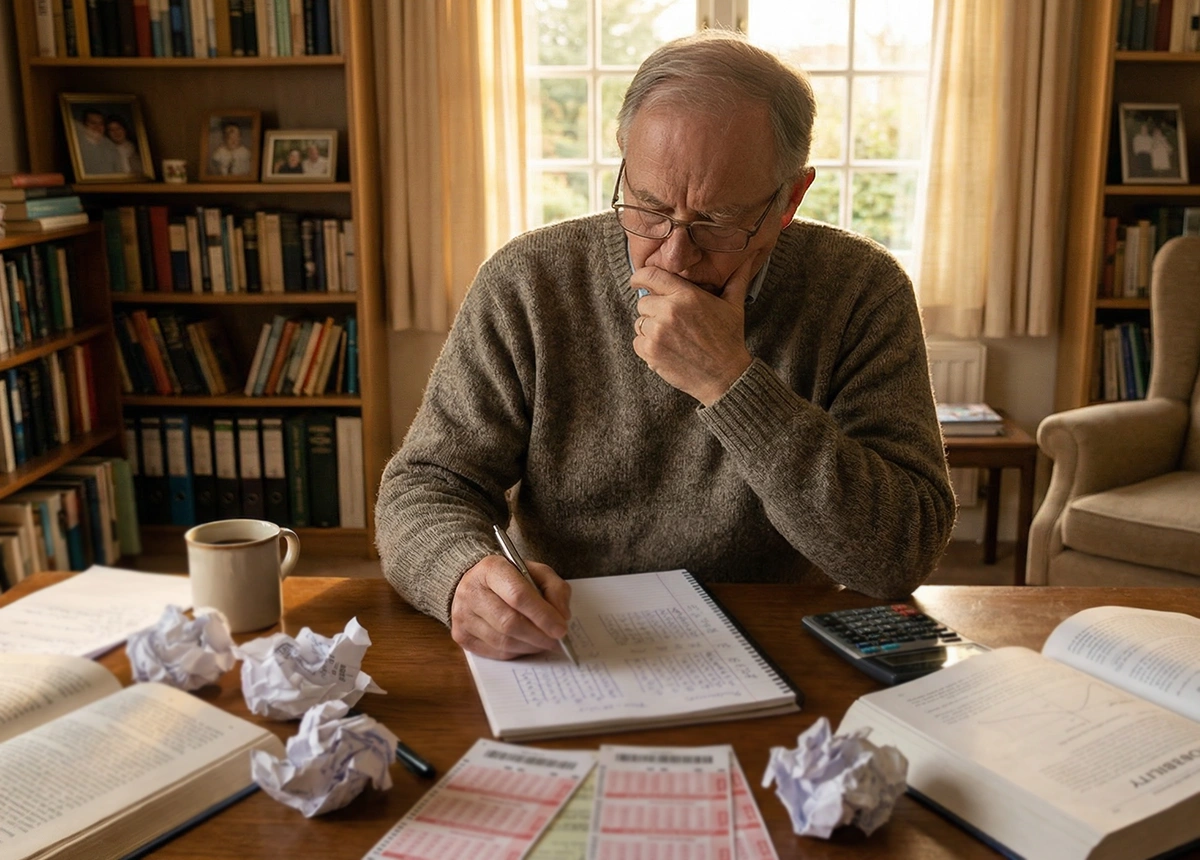 Pessoa planejando apostas com pap&eacute;is e caneta
