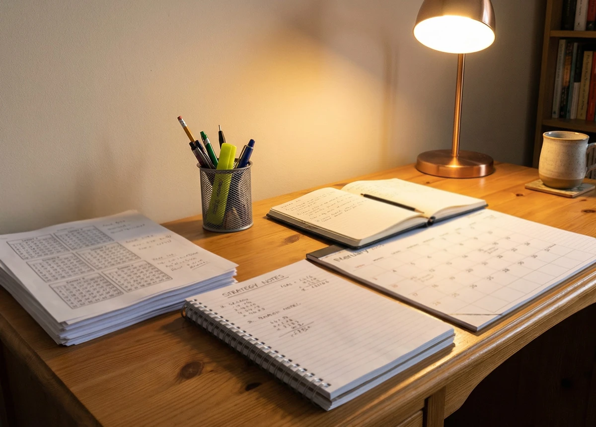 Mesa com pap&eacute;is de planejamento de apostas organizados