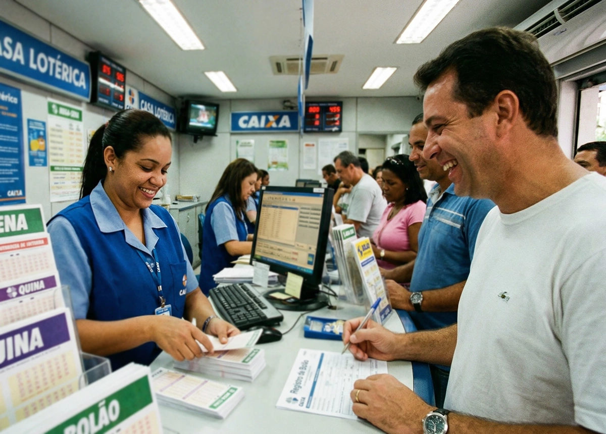 Balc&atilde;o de casa lot&eacute;rica com atendente e cliente