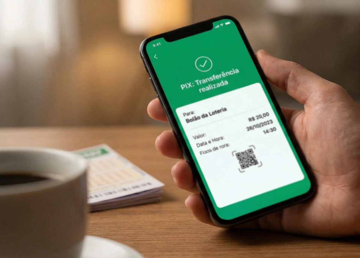 Smartphone mostrando transferência Pix para bolão de loteria