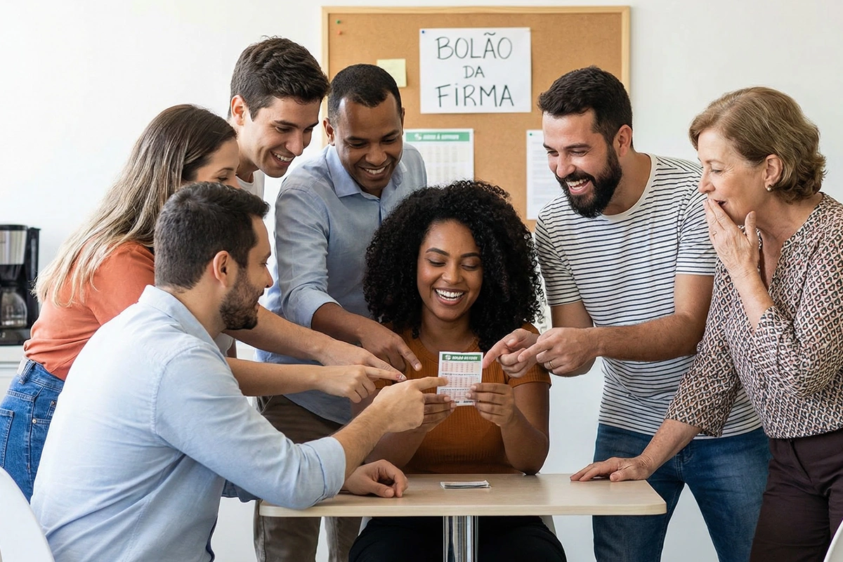 Grupo de colegas de trabalho comemorando participa&ccedil;&atilde;o em bol&atilde;o de loteria