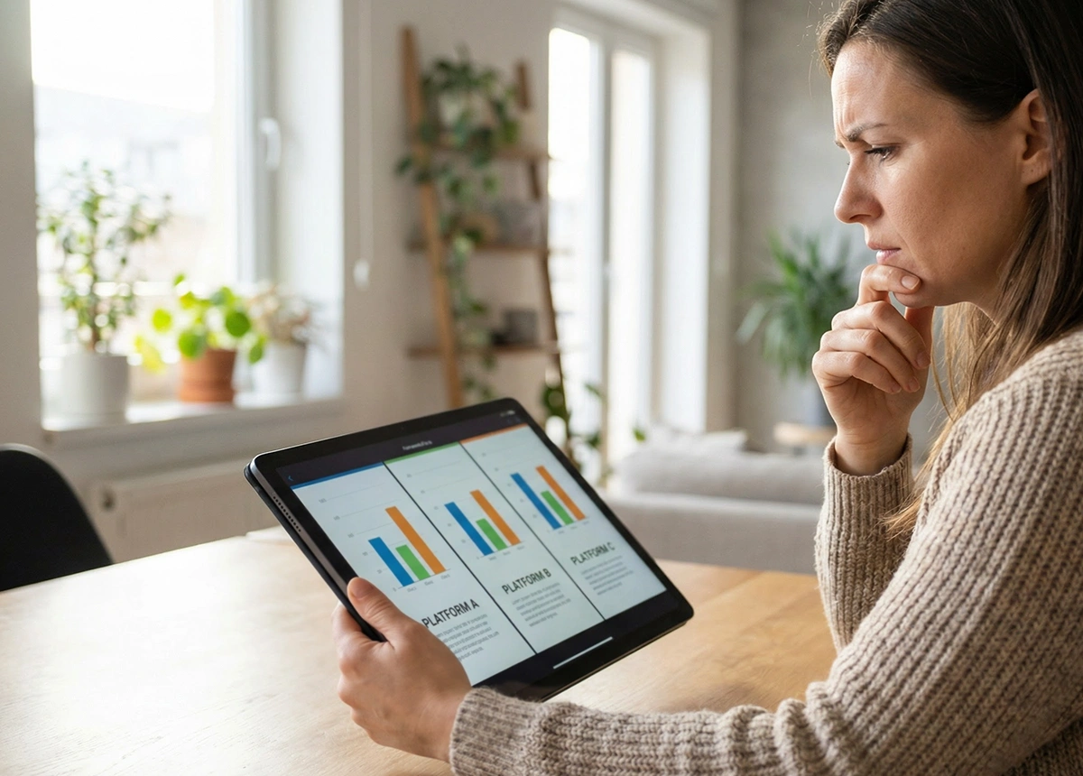 Pessoa comparando op&ccedil;&otilde;es de plataformas de loteria em tablet