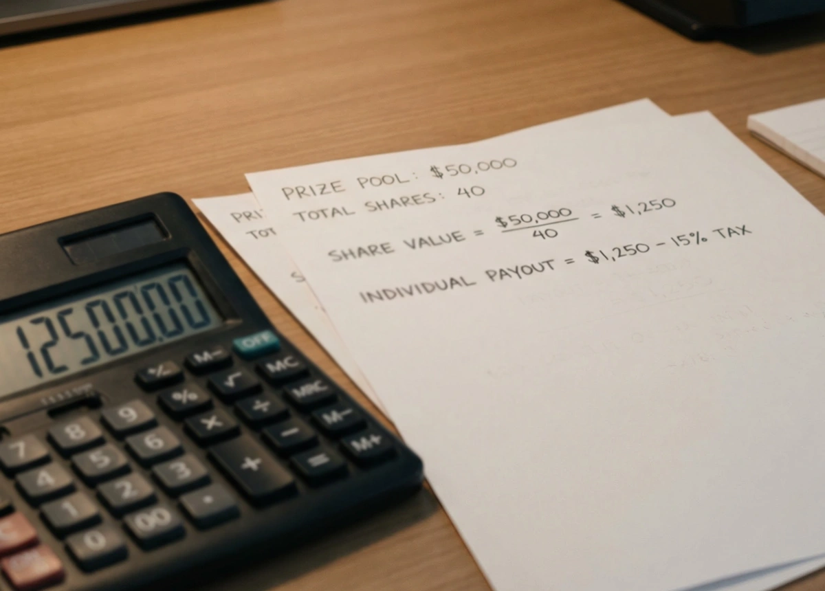 Calculadora e papéis com cálculos de divisão