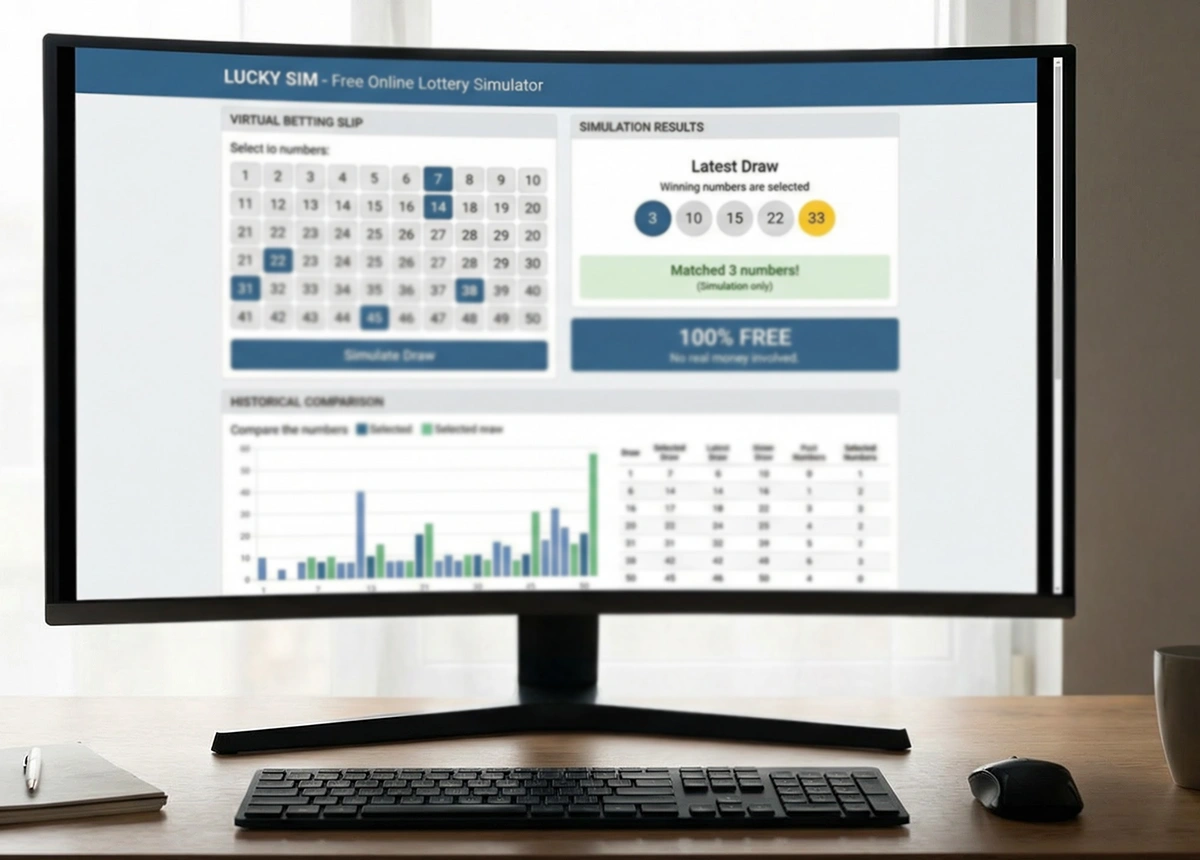 Interface de simulador de loteria em tela de computador
