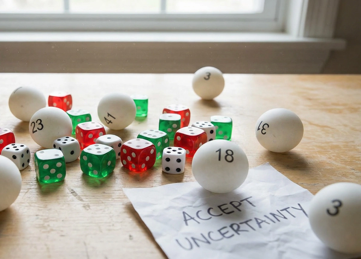 Dados e bolas de loteria representando aleatoriedade