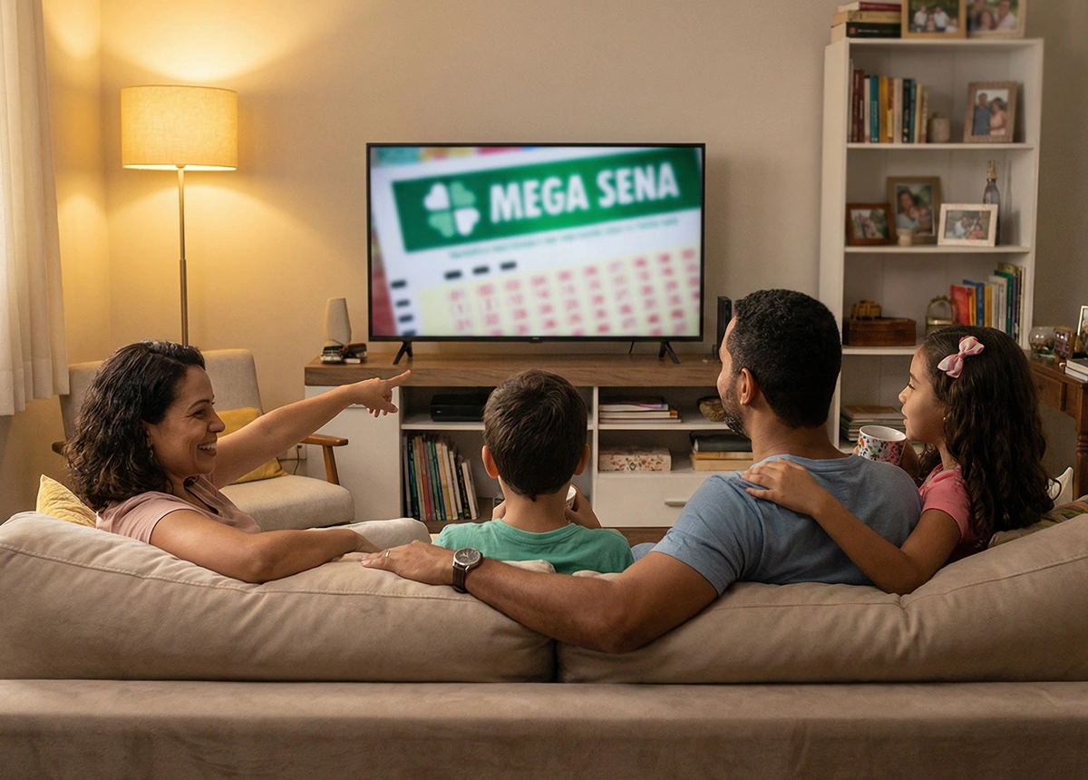 Fam&iacute;lia reunida na sala assistindo sorteio de loteria na televis&atilde;o