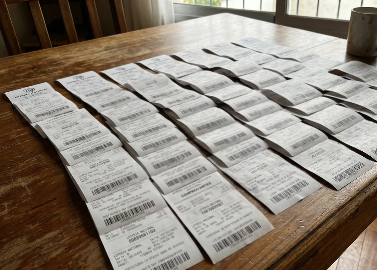 V&aacute;rios comprovantes de apostas de loteria organizados sobre uma mesa