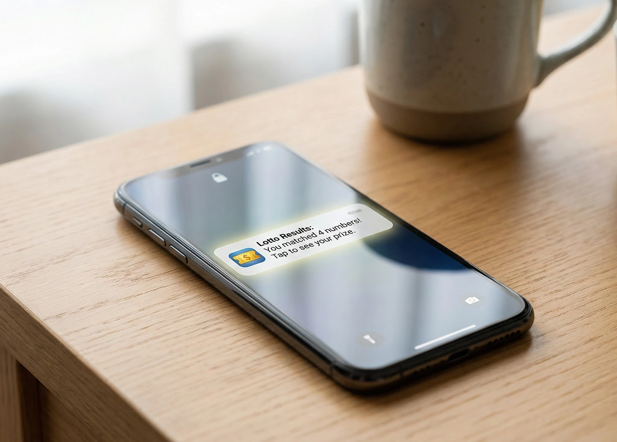 Smartphone exibindo notifica&ccedil;&atilde;o de resultado de loteria na tela