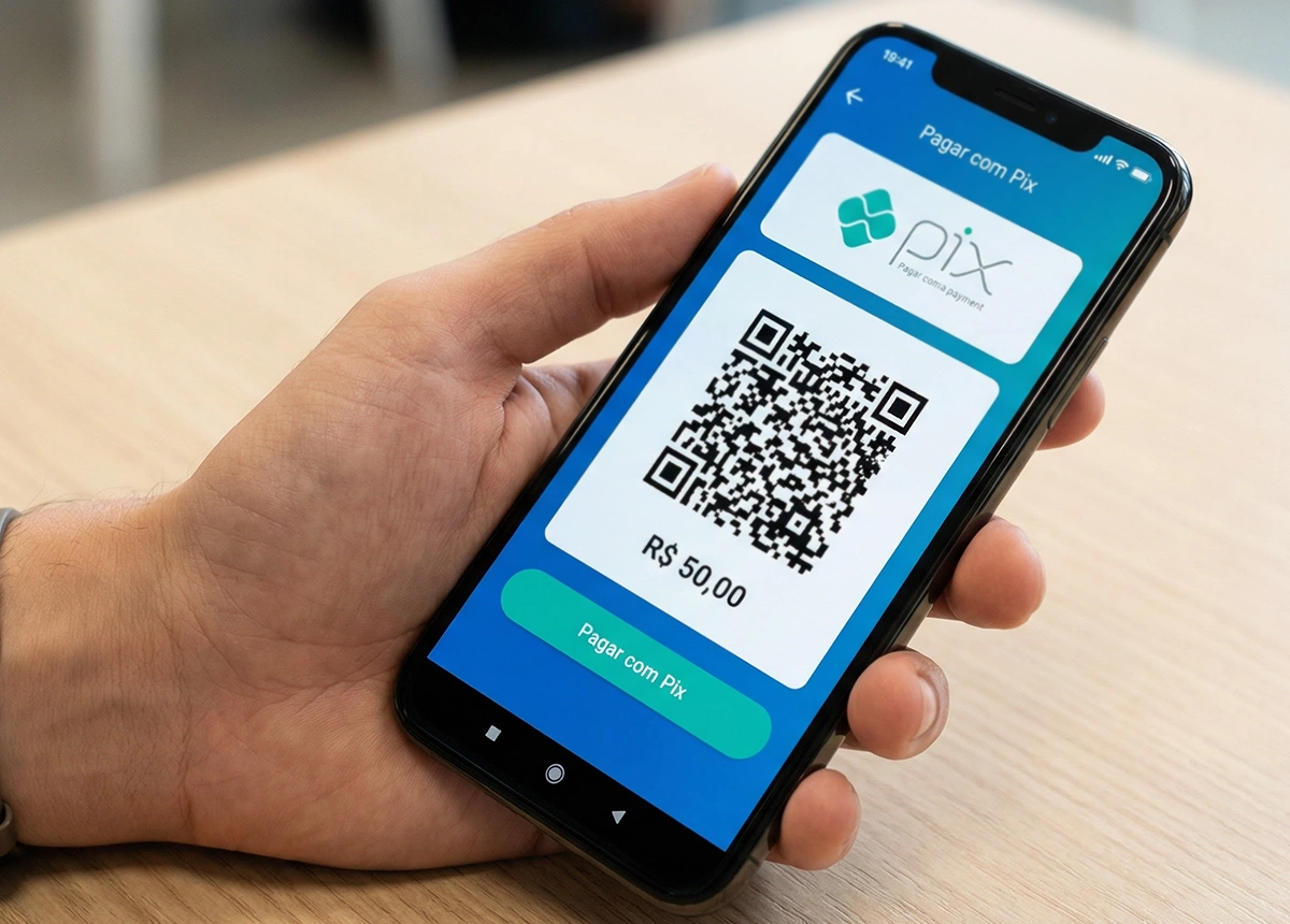 Smartphone exibindo QR Code do Pix para pagamento