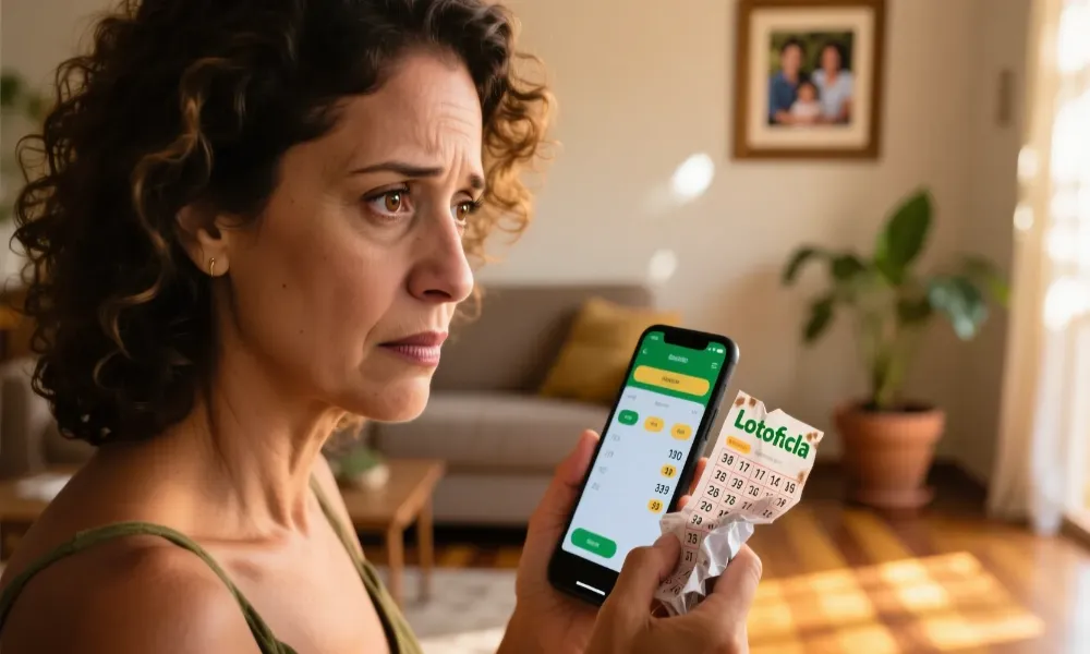 Pessoa conferindo resultado da Lotofácil no celular com volante em mãos e expressão de expectativa