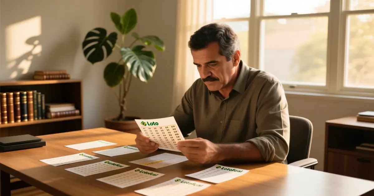 Homem analisando combinações numéricas em mesa de trabalho com volantes da Lotofácil