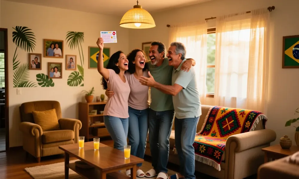 Grupo de amigos celebrando vitória em bolão de loteria com expressões de alegria e união