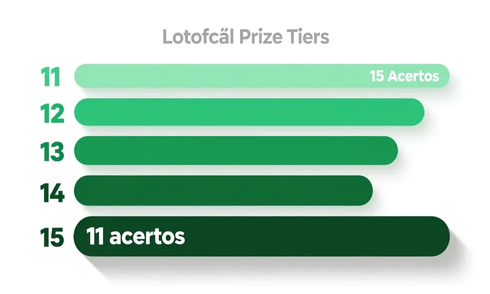Gráfico simplificado mostrando as cinco faixas de premiação da Lotofácil de 11 a 15 acertos