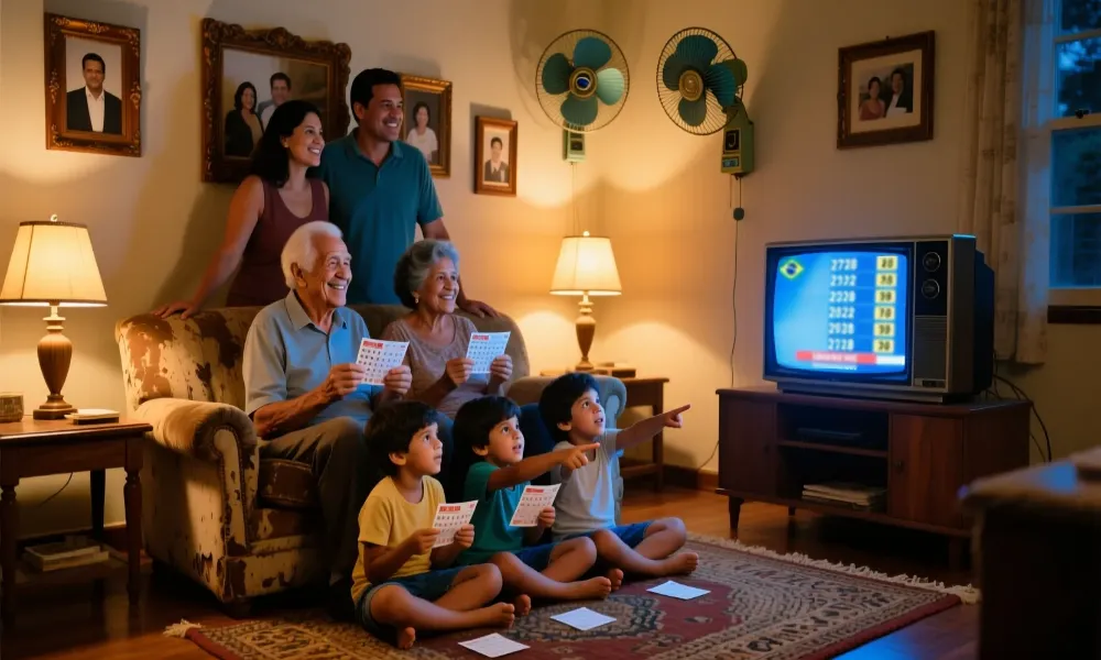 Família brasileira reunida na sala assistindo ao sorteio da Lotofácil da Independência na televisão