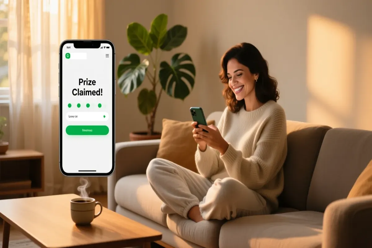 Mulher sorridente apostando na Lotofácil pelo smartphone em ambiente doméstico aconchegante