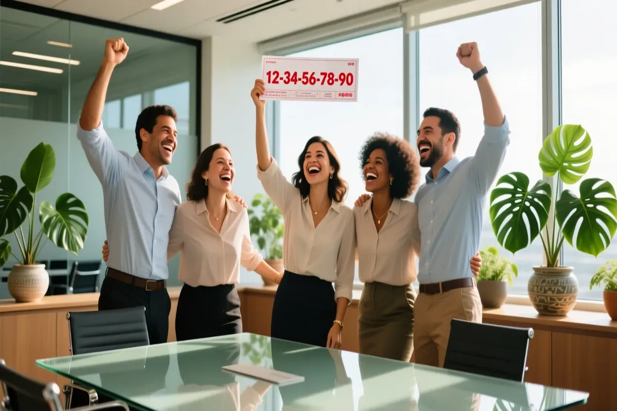 Grupo de colegas de trabalho comemorando juntos ao participar de um bolão da Lotofácil