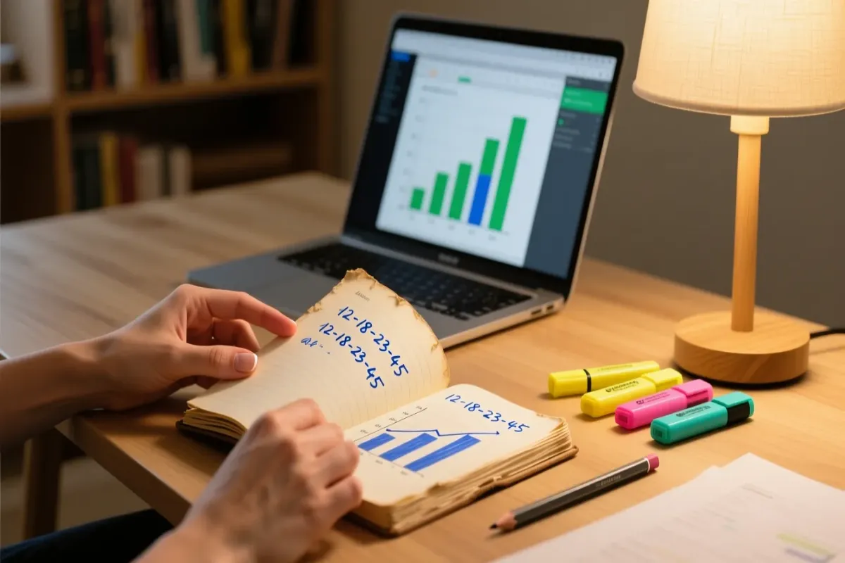 Pessoa analisando estatísticas da Lotofácil com documentos, gráficos simples e anotações sobre mesa de trabalho