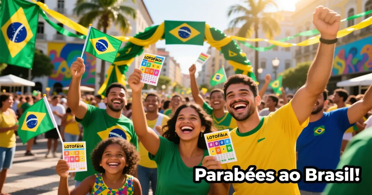Pessoas comemorando com bandeiras do Brasil e volantes da Lotofácil em clima festivo de setembro