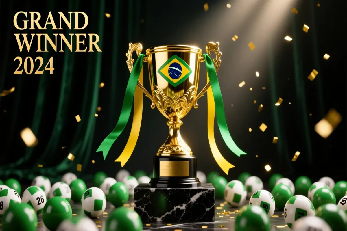 Troféu dourado com fitas verde e amarela cercado por bolas da Lotofácil representando o concurso especial da Independência