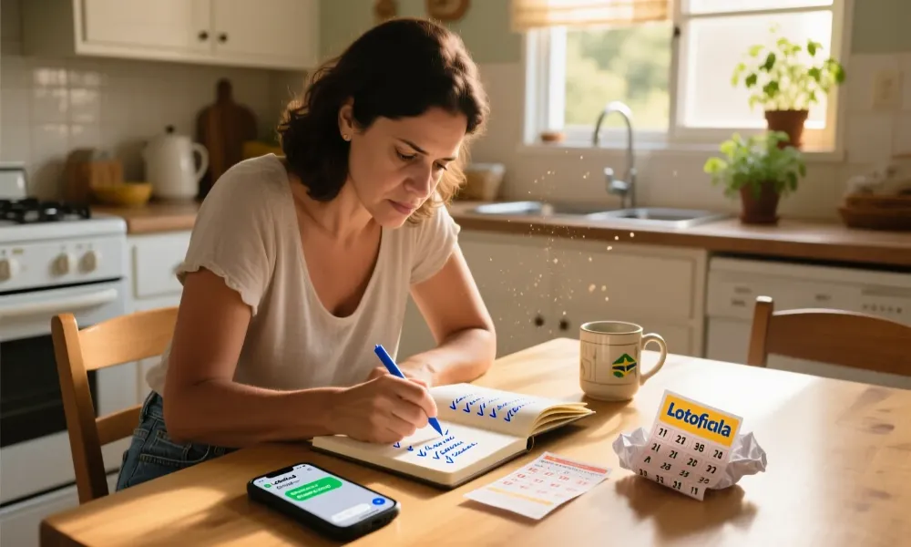 Pessoa organizando bolão de loteria com caderno de anotações e smartphone mostrando lista de participantes