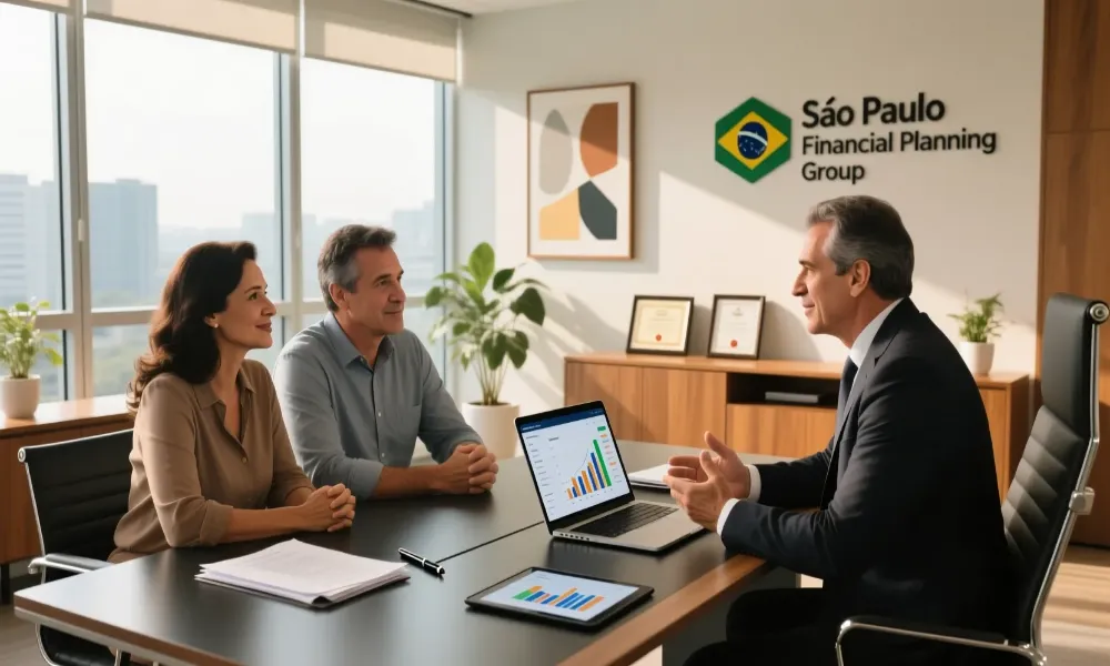 Pessoa reunida com consultor financeiro planejando investimentos ap&oacute;s ganhar pr&ecirc;mio de loteria