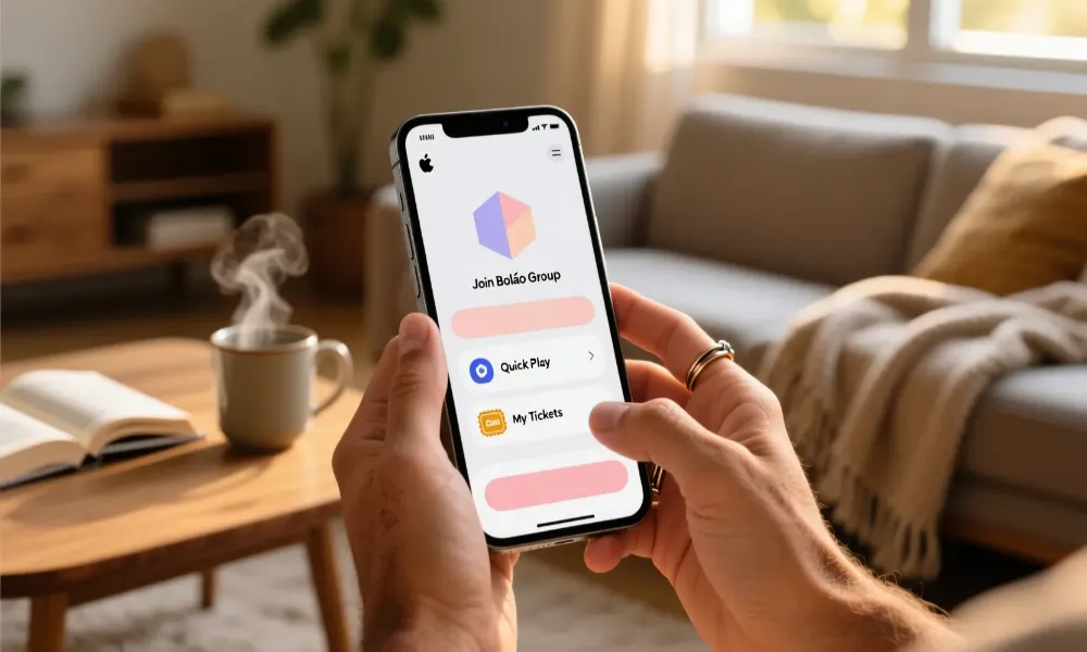 Mãos segurando smartphone com aplicativo de loteria mostrando opções de bolão online