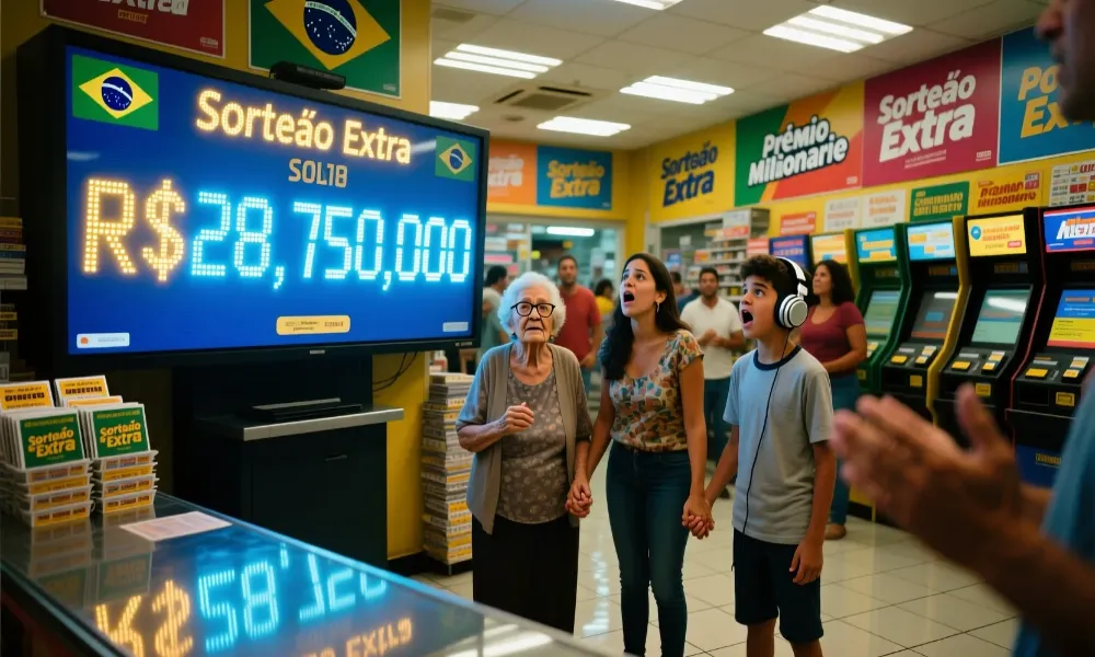 Painel de lotérica mostrando valor alto de prêmio acumulado com pessoas observando animadas