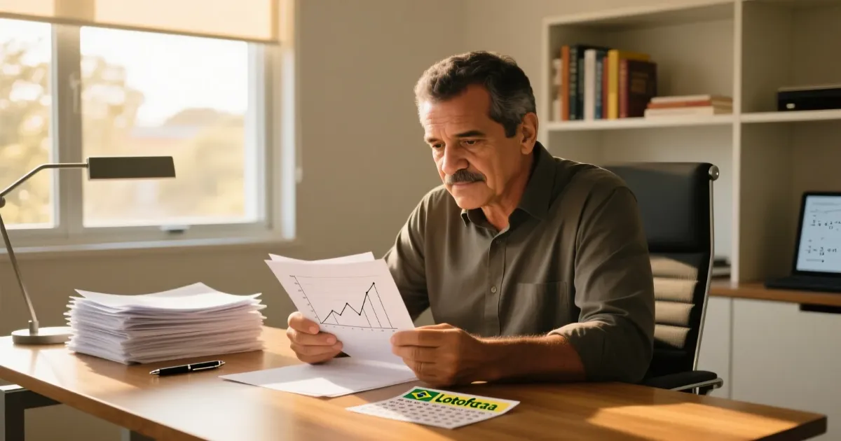 Pessoa analisando números e estatísticas da Lotofácil com gráficos e volantes sobre a mesa