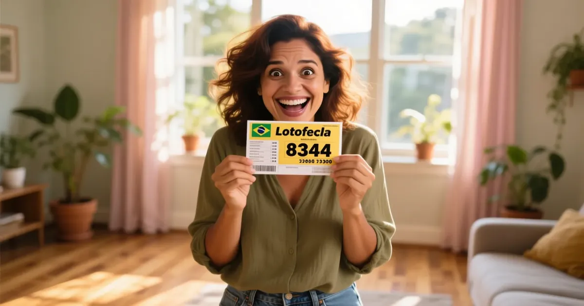 Pessoa feliz segurando bilhete premiado da Lotofácil com expressão de alegria e realização