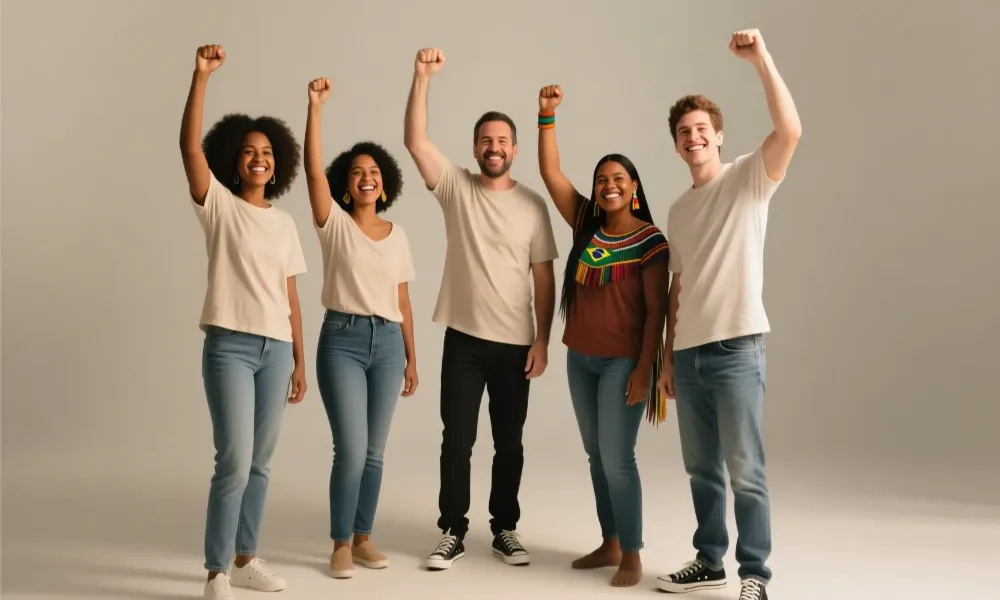 Grupo diverso de pessoas celebrando juntas representando força coletiva em apostas de bolão