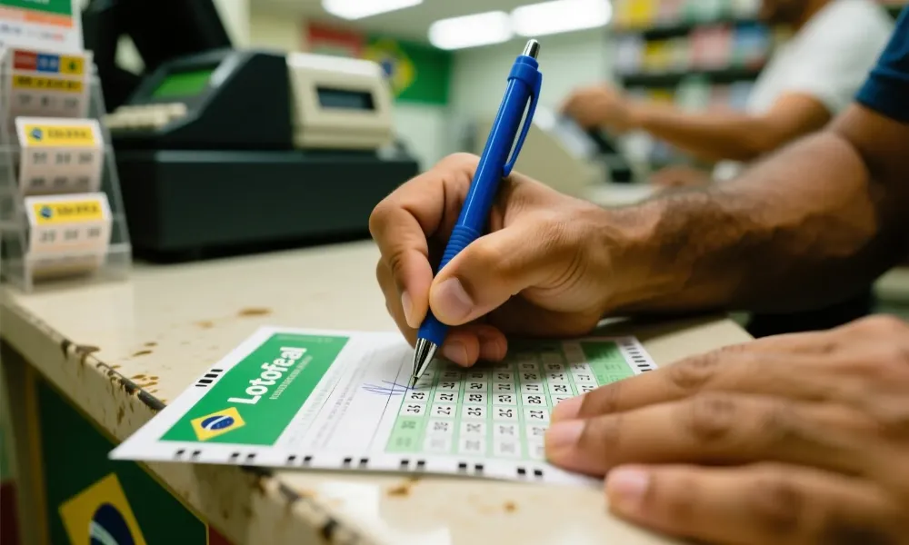 M&atilde;os preenchendo volante f&iacute;sico da Lotof&aacute;cil em balc&atilde;o de lot&eacute;rica com caneta marcando dezenas
